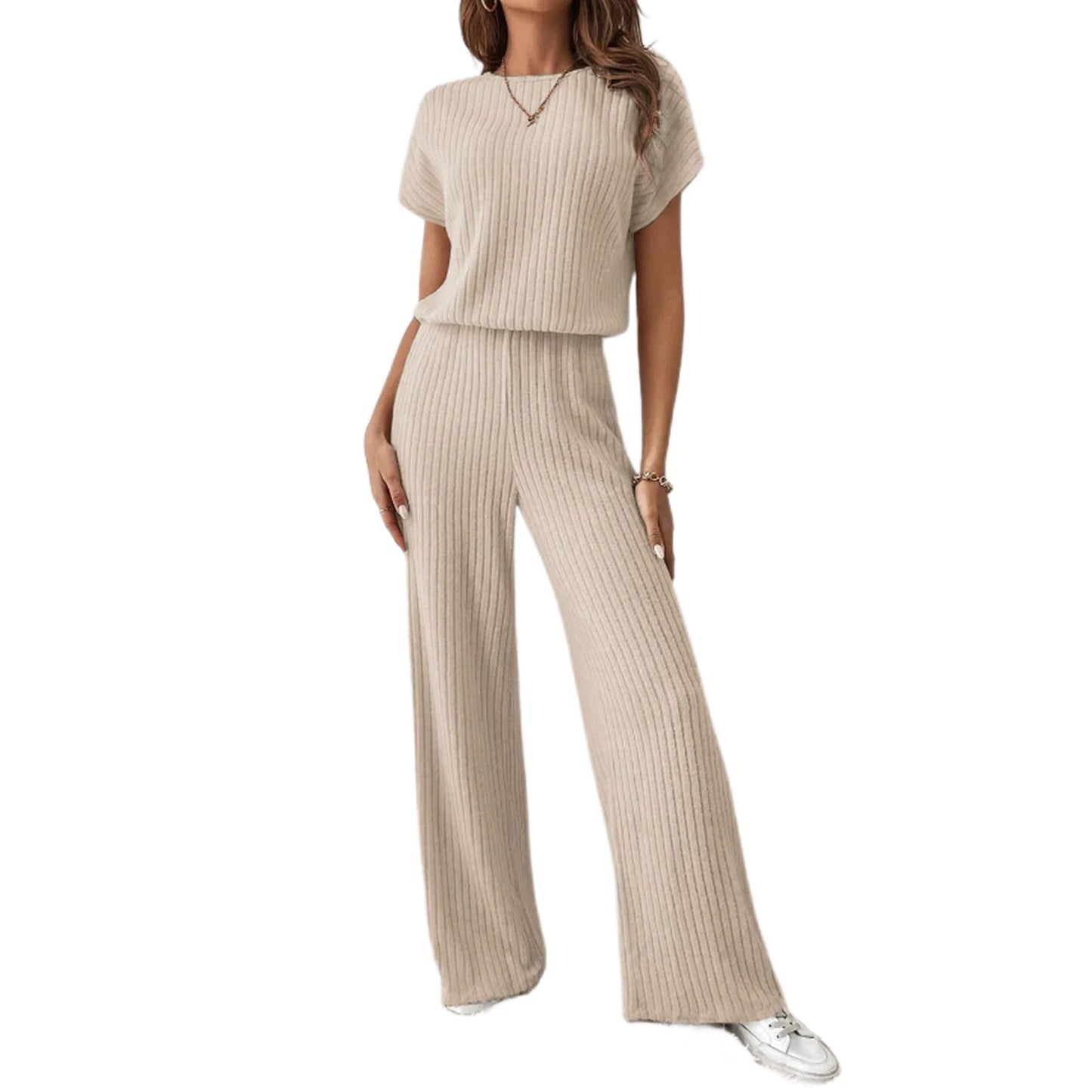 Women s 2 Piece Cozy Lounge Wear Set with Short Sleeve Ribbed Top and Wide Leg Pants for Casual Outings