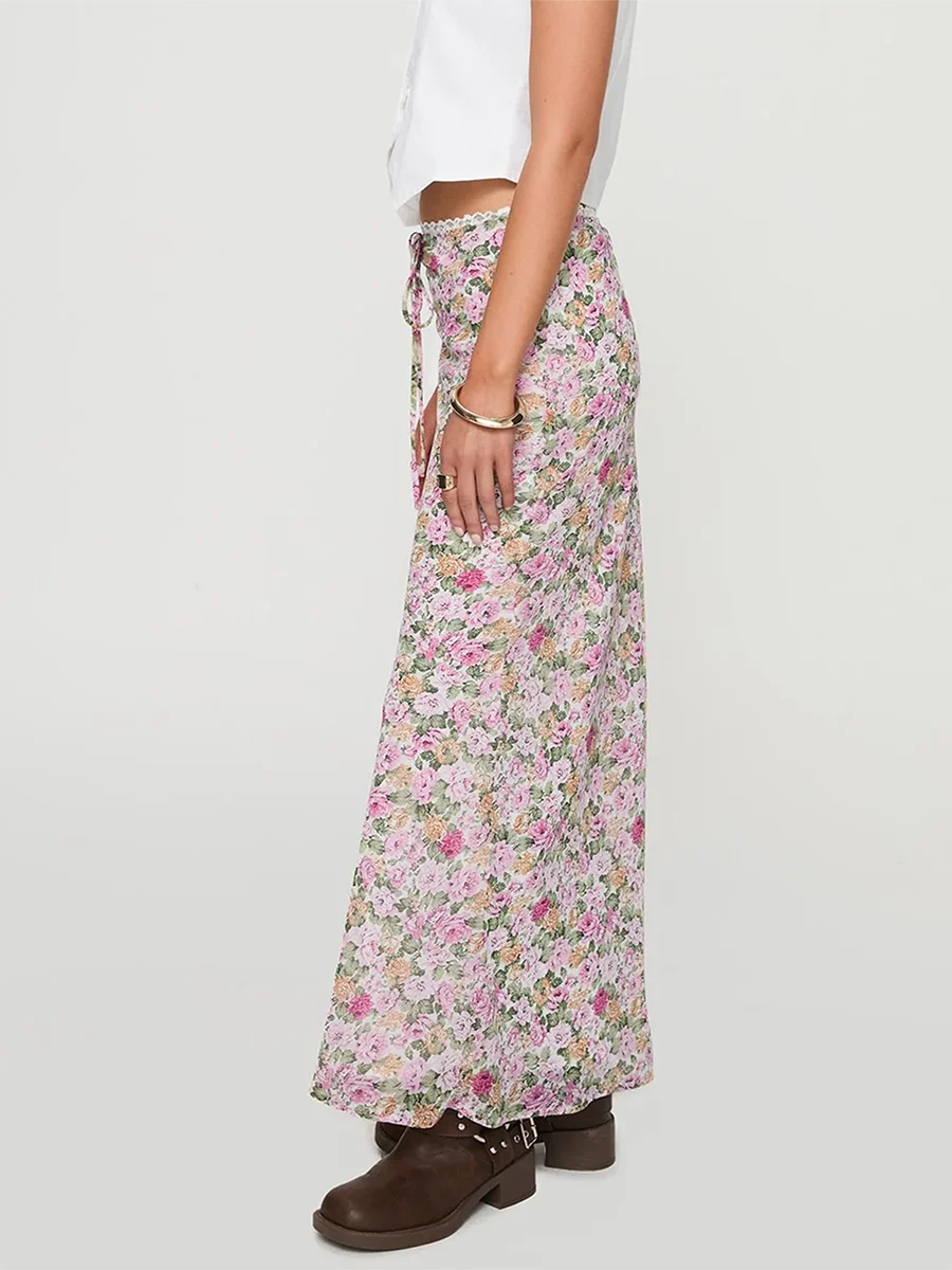 Women s Boho Maxi Skirt with Ruffle Hem and Tie Waist Elegant Floral Print Long Skirt