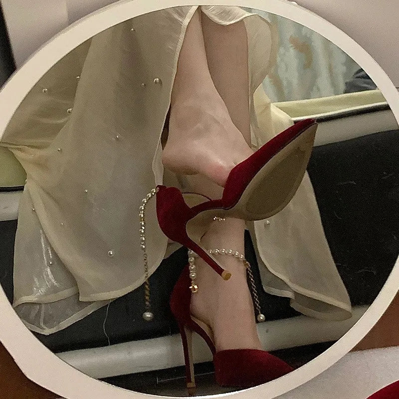Pearl Strap Sexy Pointed Toe Fine High Heel