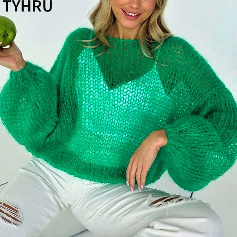 Women's Knitted Sweaters Lady Hollow out Mesh Thin Pullover See Through Look Lantern Sleeve Loose Tops Smock