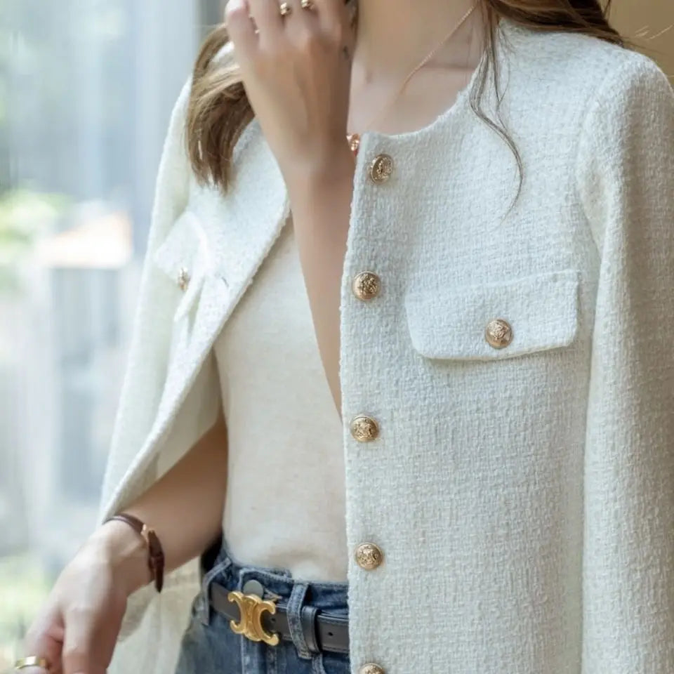 French Wool Tweed Coat Fashion High-end Gold Button Short Slim  Spring and Autumn  Women's Jacket