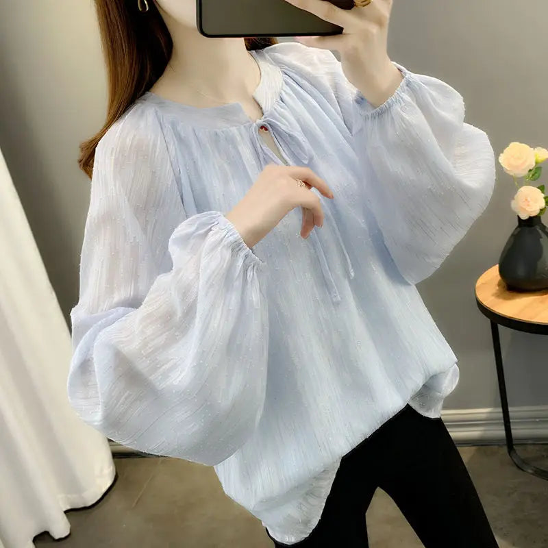 Stylish Solid Color O-Neck All-match Lace Up Chiffon Blouse