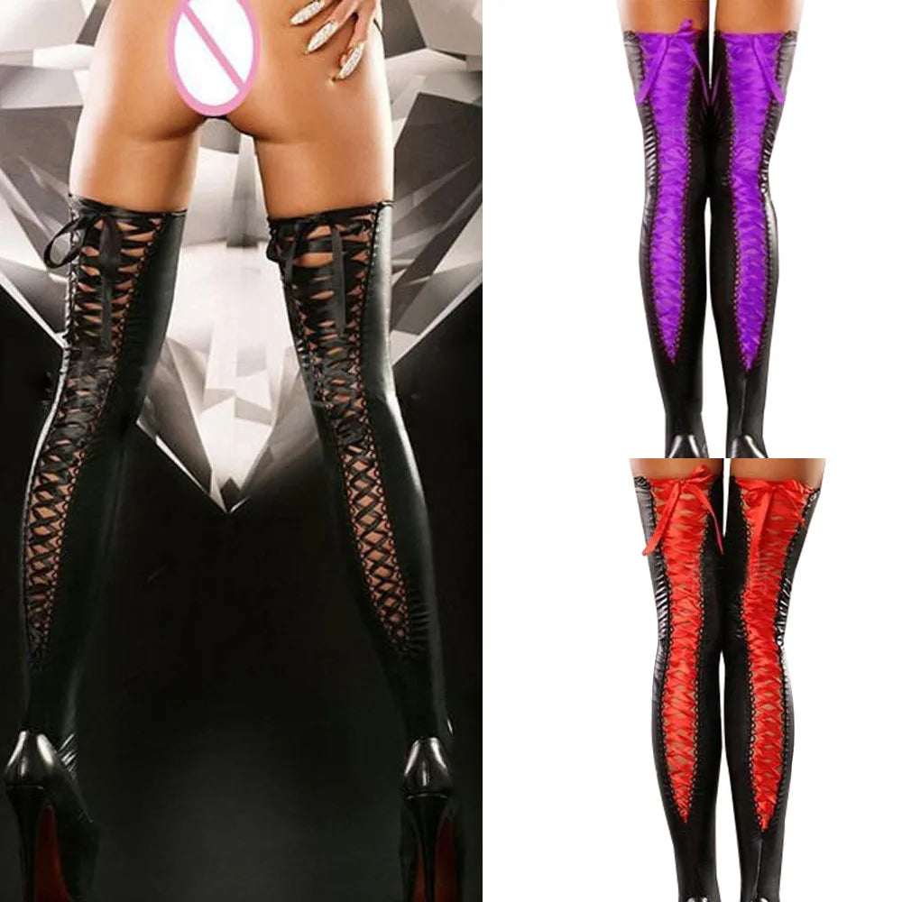 Comfortable Thigh-high Stockings Leather Lace Bow Long Socks Thigh Stockings