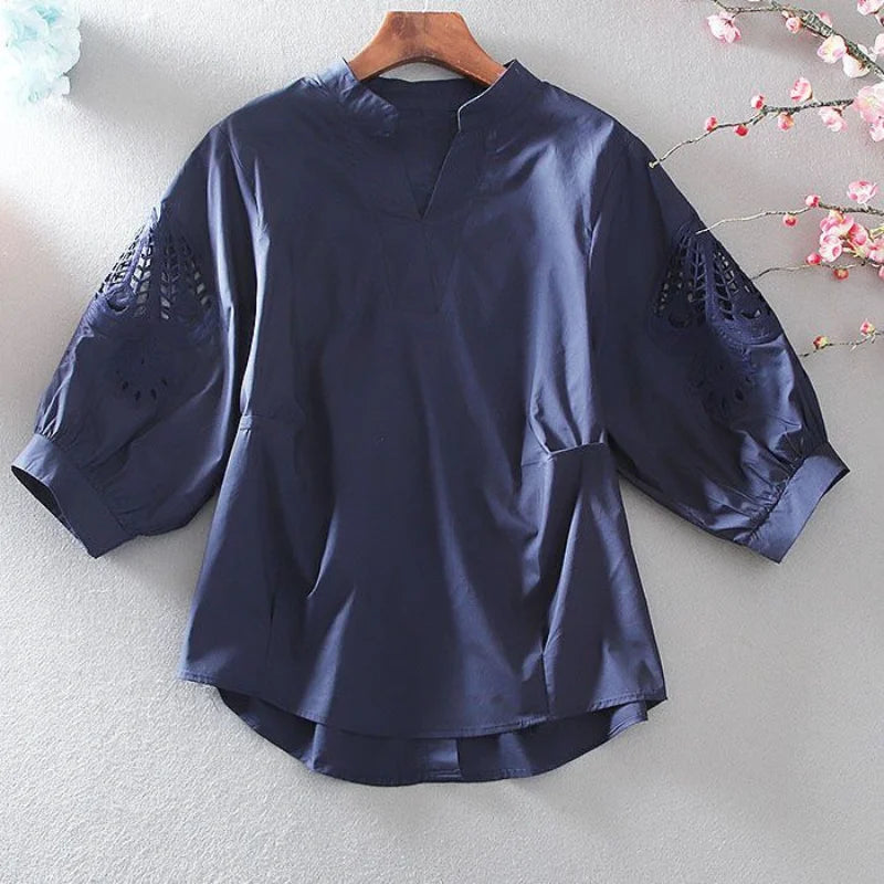 Hollow Out Loose Blouse Summer  V Neck Half Sleeve Solid Color
