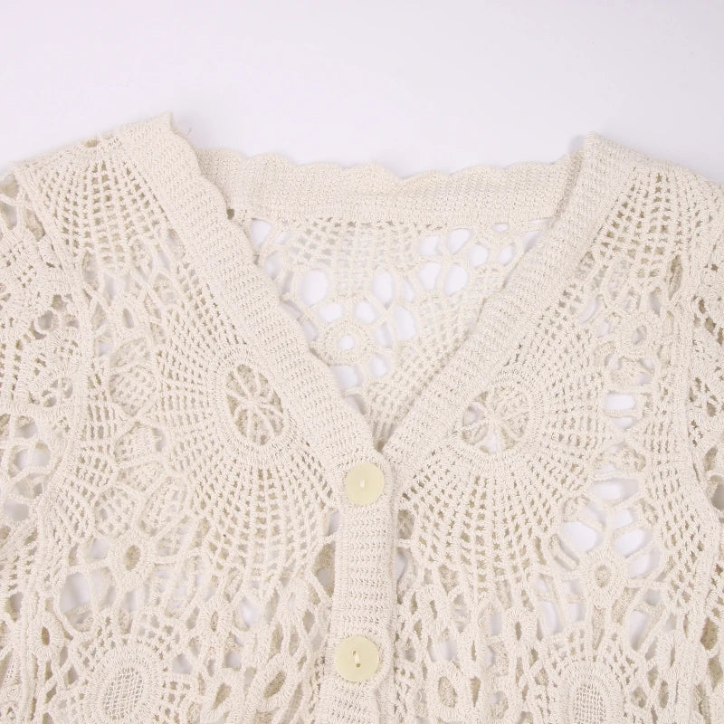 Women French Style Short Sleeve Lace Hollow Out Crochet Knit   V-Neck Button Down Sheer Crop