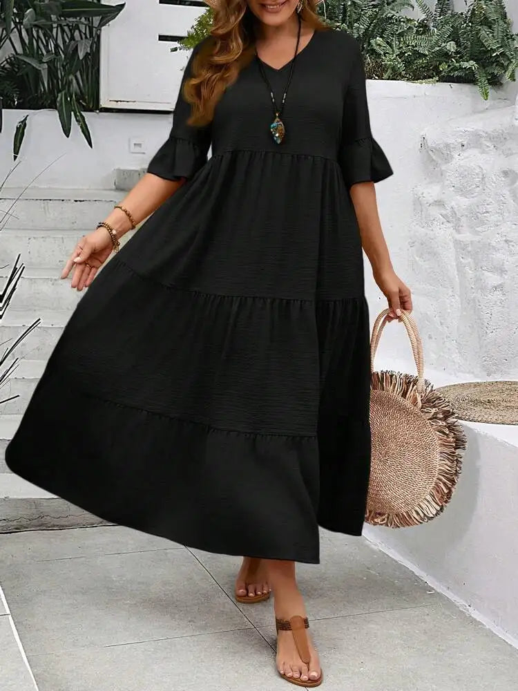 Spring and Summer  Large V-neck Splicing Multi color Multi plus size Long Style Large Swing Dress