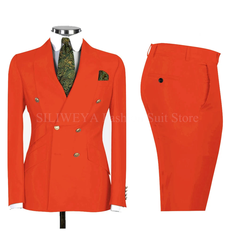 Gold Men Business Casual Men's Suits Jacket Pants Set Male Blazer Coat Pants 2PCS Slim Fit Suits