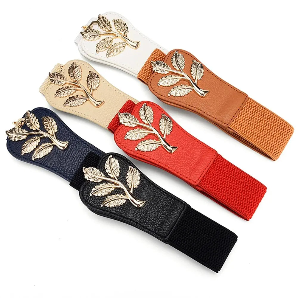 Women's Belt Fashion Waist Cover Golden Leaf Elastic Waist Closure With Double Hook Buckle Wide Belts Paired With Skirt