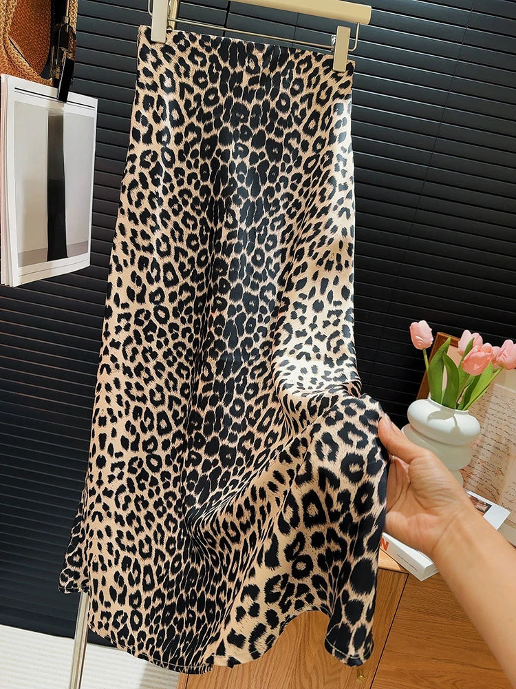 Satin Vintage Leopard  Skirt  A-line Fashion  High Waist  Mermaid Long