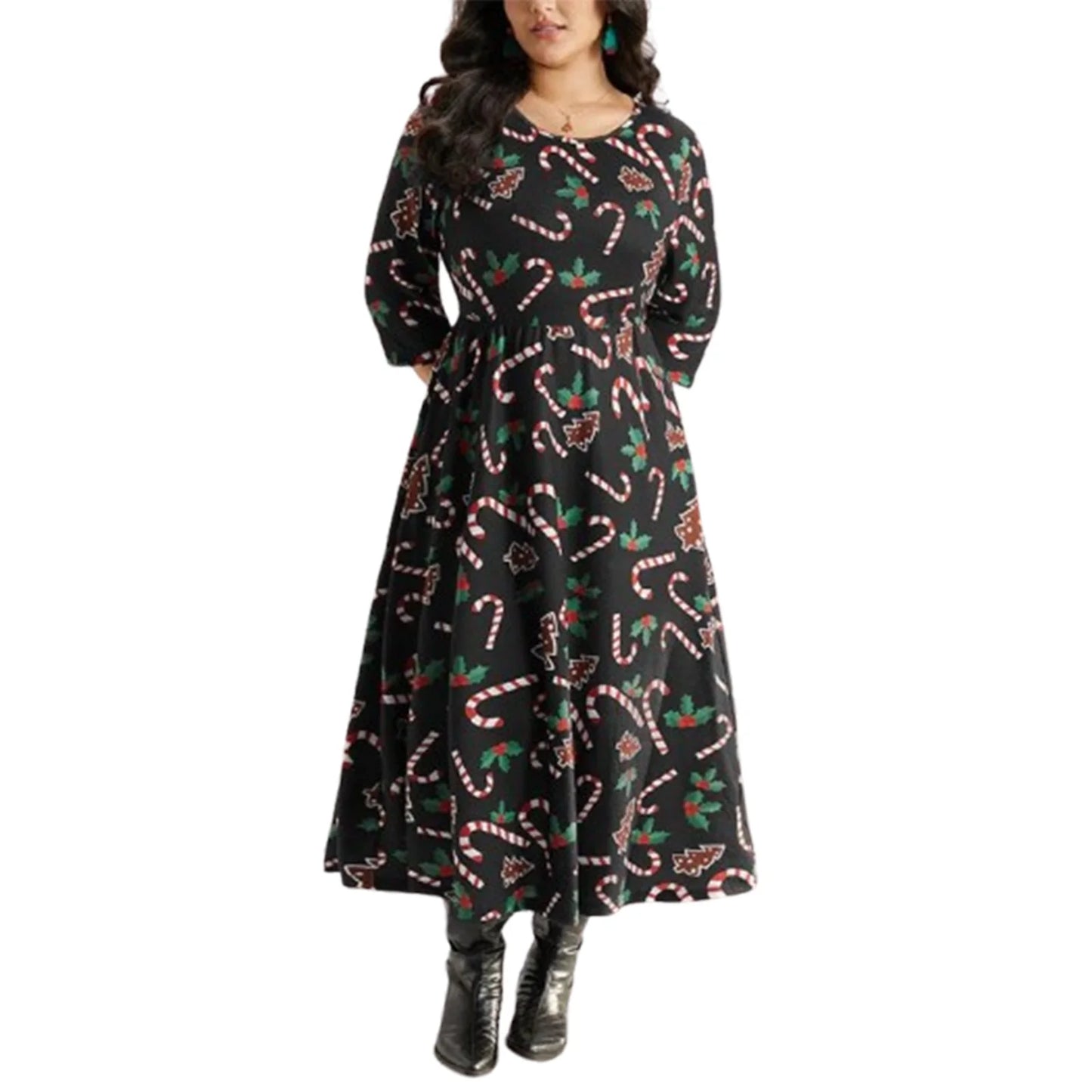 Women Plus Size Dress Candy Cane Print O-Neck  3/4 Sleeve Maxi Dress Winter Elegant Christmas Party Dress for Curvy Ladies