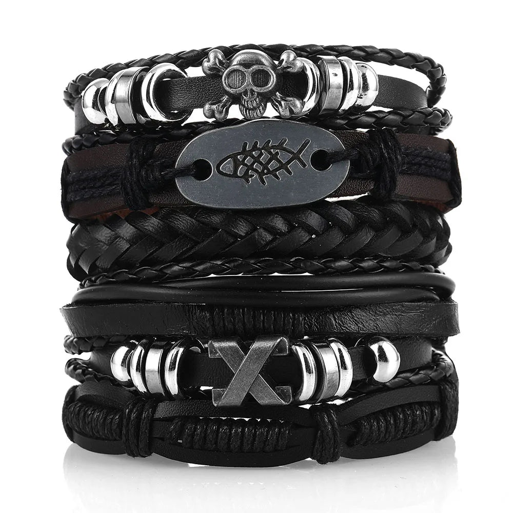 1 Fashion Bracelet Viking Bracelet For Men Hand Bracelets Woven Skull Hand Jewelry Adjustable Leather Set Bracelet