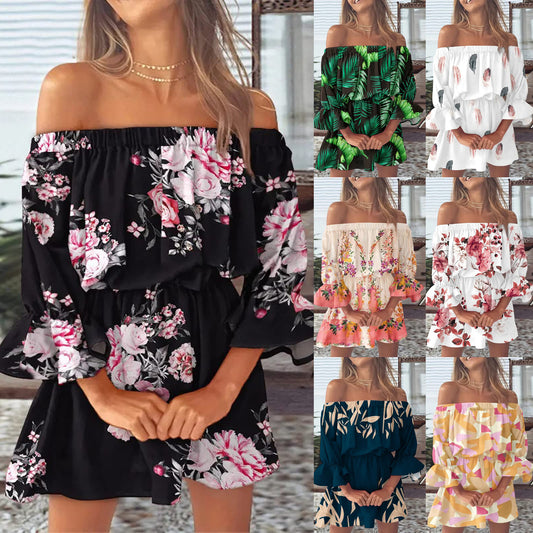 Summer Sexy Off Shoulder Party Dress Women Sexy Print Tunic Sundresses Casual Loose Fit Bell Sleeve Mini Dress