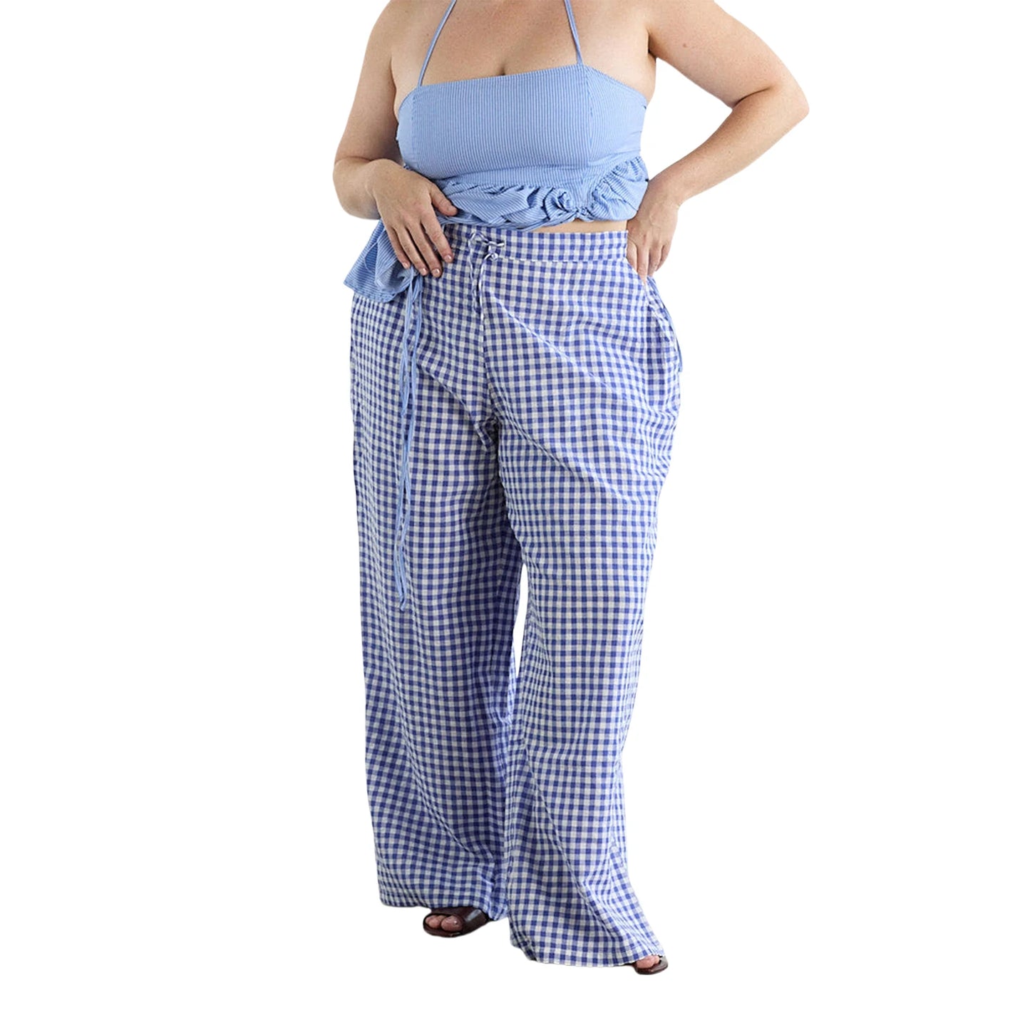 Women s Casual High Waist Wide Leg Palazzo Pants with Elastic Waistband and Checkered Print Design for Spring Summer Fashion