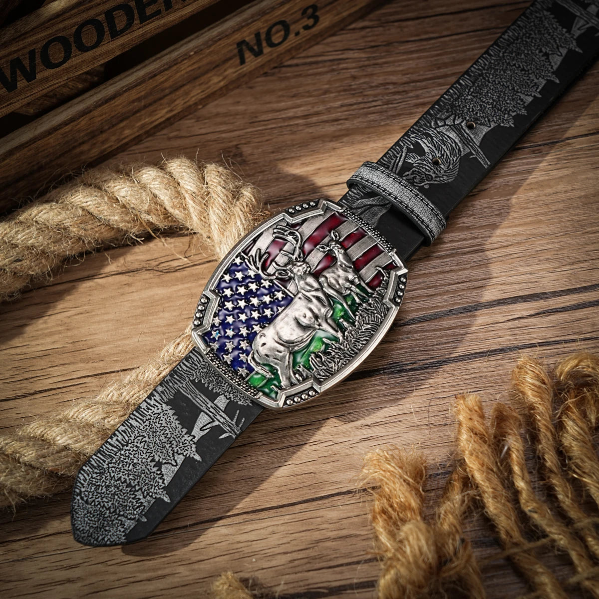Western Cowboy PU Leather Belt  Waist Strap Buck and Flag Decoration Hunting Scene Engraved for Jeans