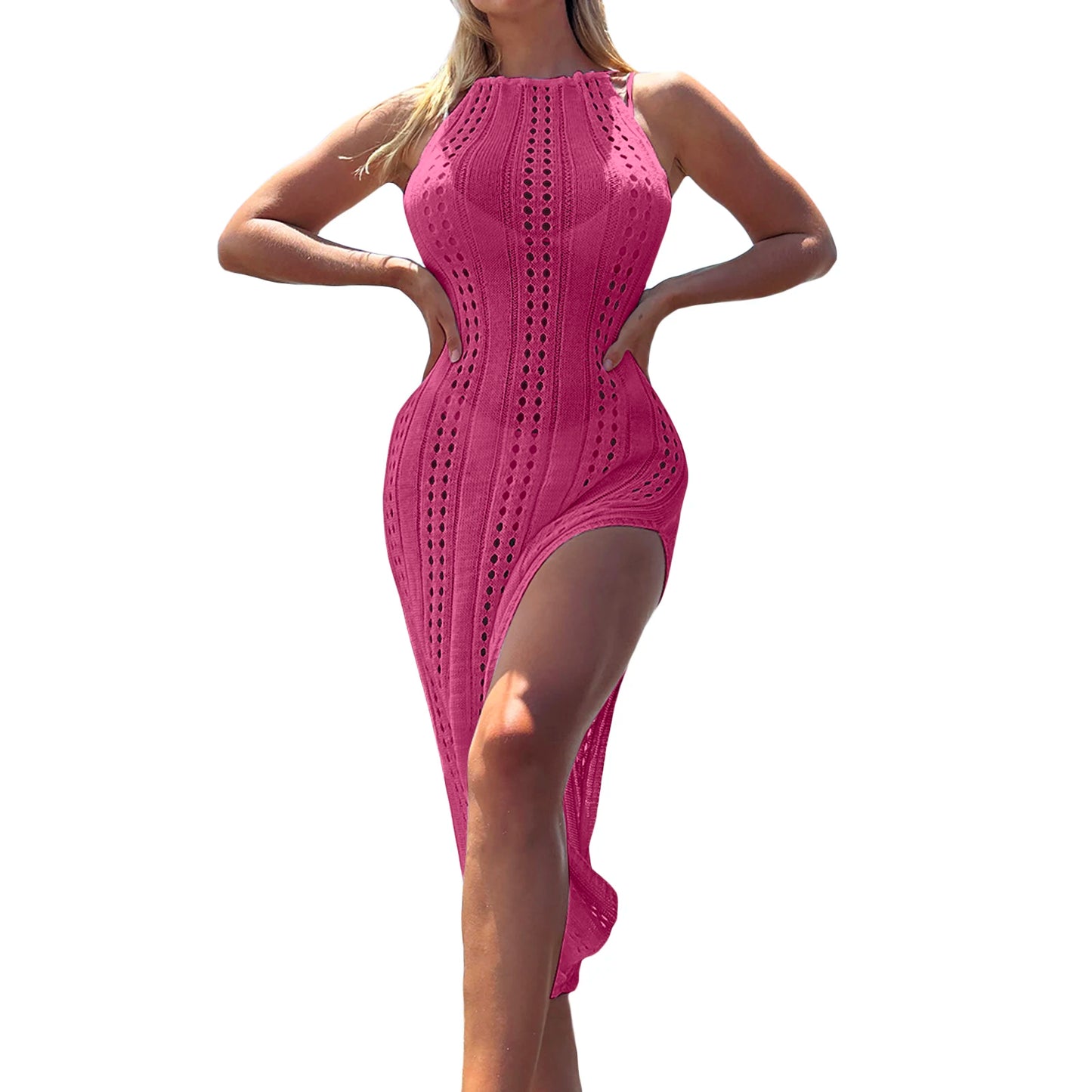 Elegant Crocheted Halter Neck Open Back Maxi Dress Sleeveless Hollow Out Slit Design