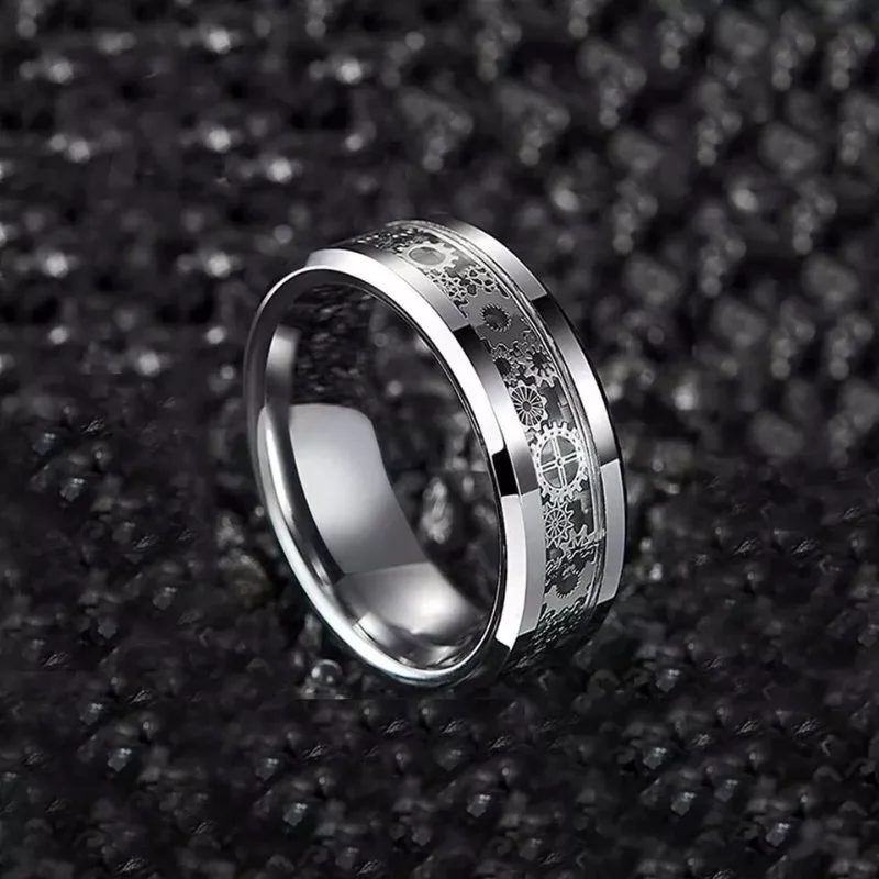 Fashion Steampunk Gear Wheel Men Stainless Steel Ring Inlay Carbon Fiber Rings For Men Rock