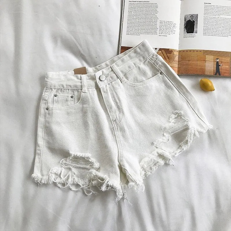 Denim Shorts Women's Summer Fashion Casual High Waist Ripped Jeans Pocket Tassel Streetwear