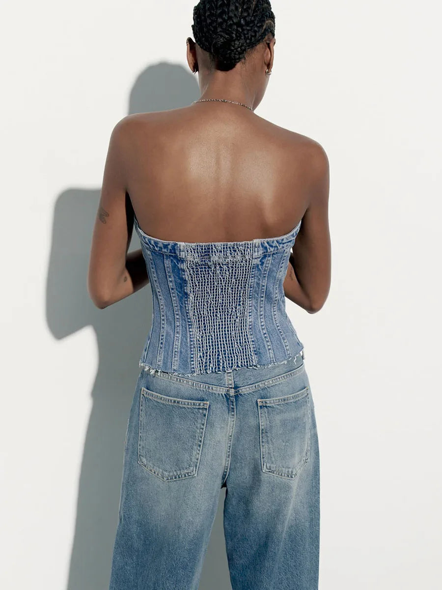 Women s Fitted Tube Tops Blue Sleeveless Off Shoulder Denim Bandeau Summer Clothes