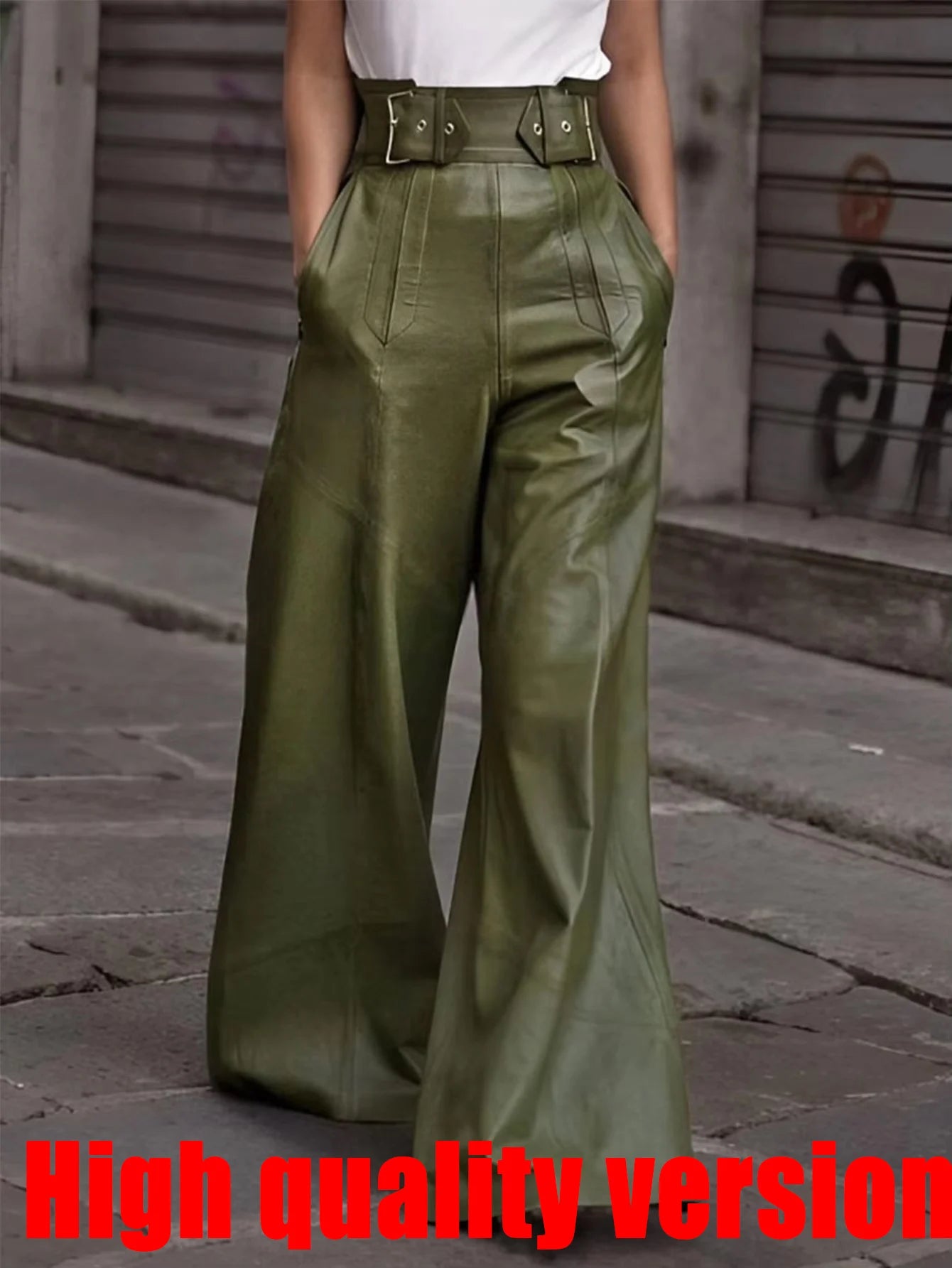 Casual Loose Leather Pants High Waist Wide Legs Solid Pocket Flare Pants