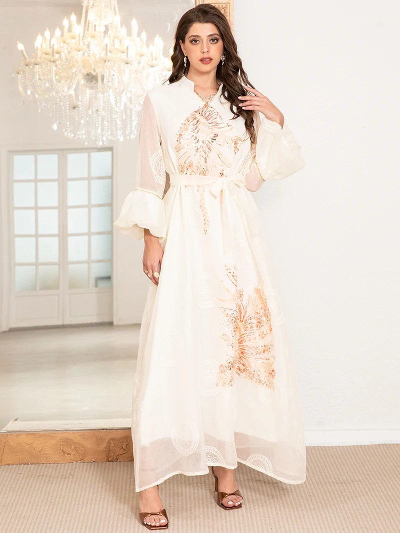 Elegant High Neck Dress with Polka Dot Jacquard Embroidery & Lantern Sleeves