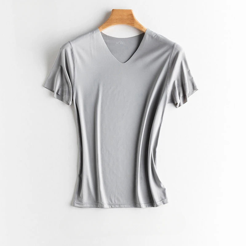 Men's Women's Sports Ice Silk Seamless Short Sleeves Gym Running Fitness Cycling T-Shirt Breathable Fit Solid Color V-neck