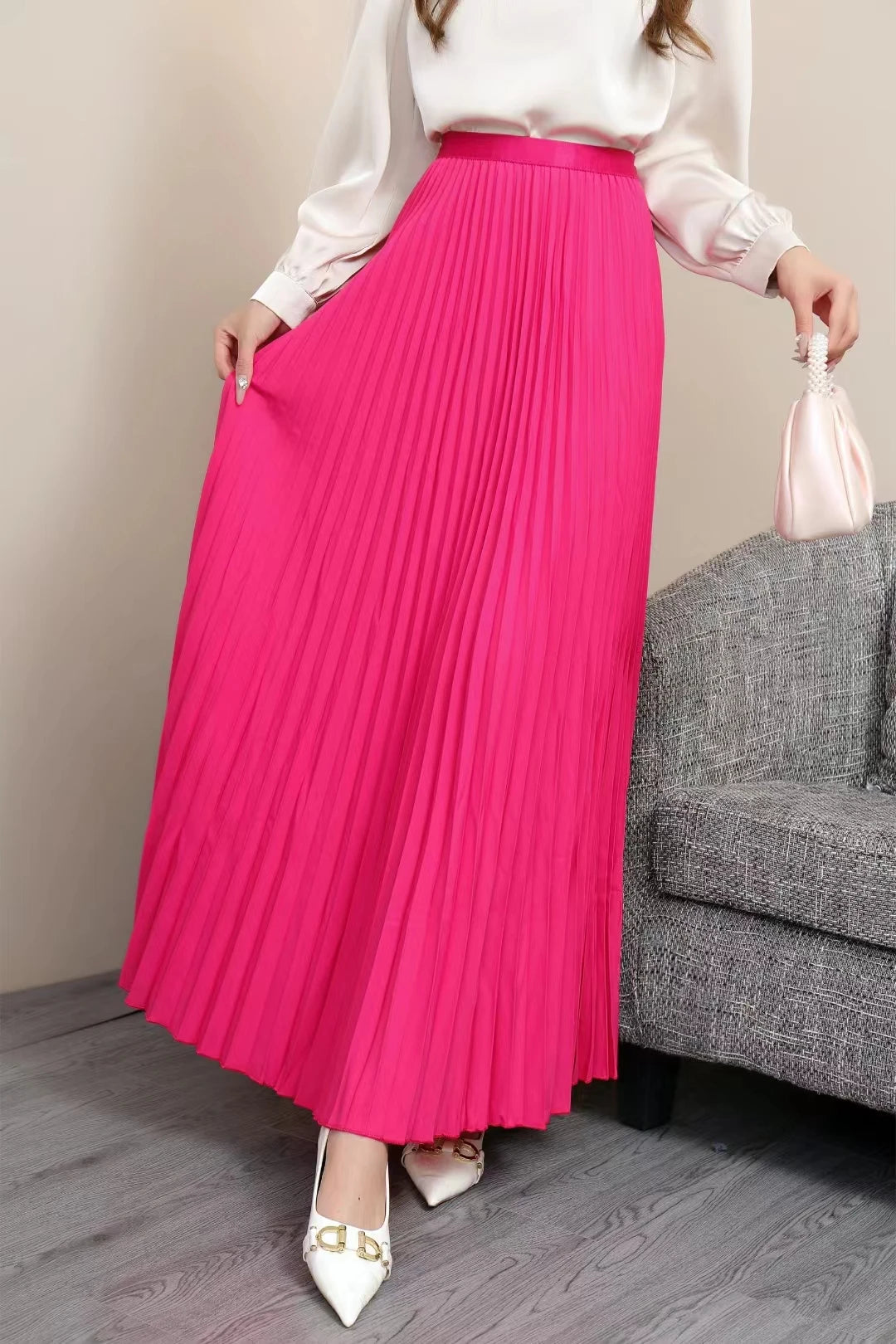 Elegant Pleated Skirt High Waist Women's Long Skirt Ladies High Quality Midi Skirt