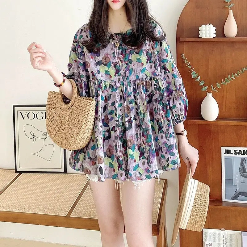 Spring Autumn  Round Neck Long Sleeve Printing Chiffon Blouses