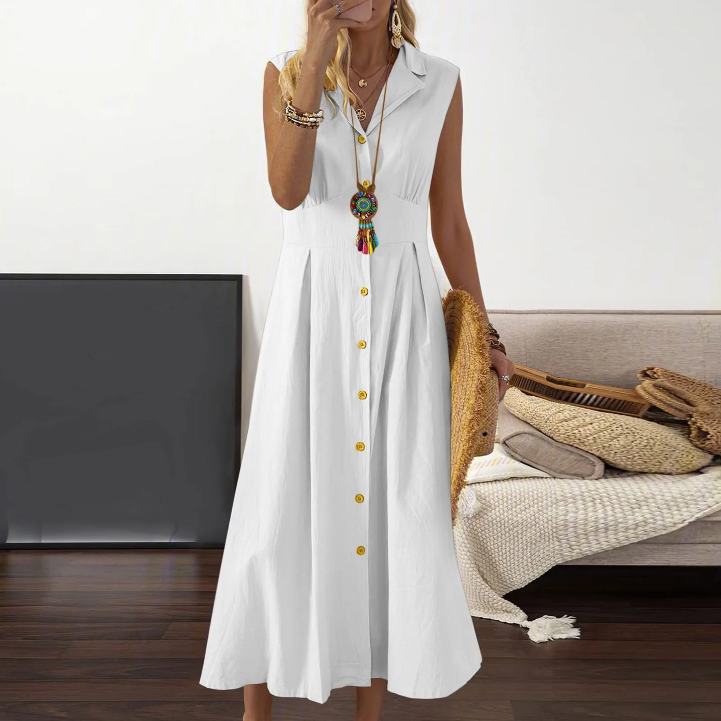 Casual Loose Sleeveless Shirt Dress Solid Color Button Cotton Linen Blend Dress Elegant Vacation Holiday Dresses