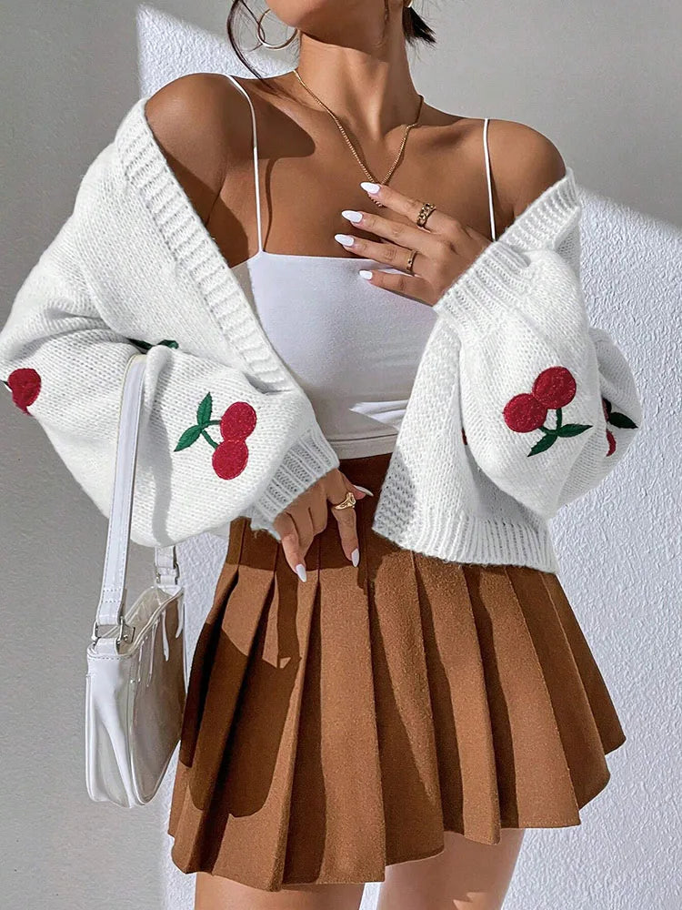 Fashionable low shoulder cherry embroidery pattern cardigan commuter sweater women's loose jacket knitted sweater