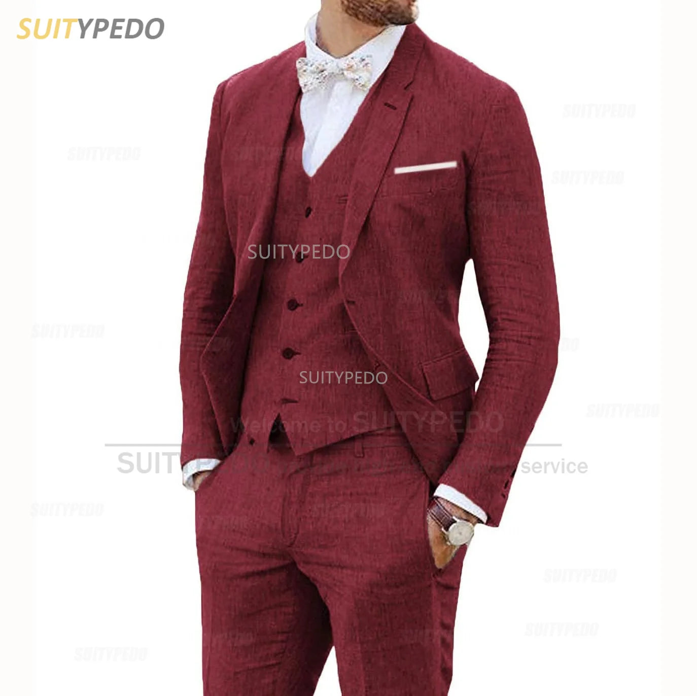 Linen Suits for Men 3 Pieces Casual Slim Fit Suit Blazer Vest Pants Set Formal Prom Wedding Tuxedos for Groomsmen Best Man