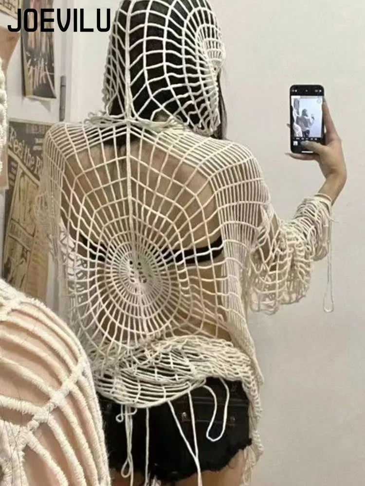 Hollow Knit Hooded  Goth Spider Web Sweater
