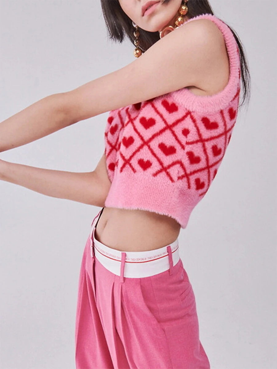Women s Cozy Sleeveless Sweater Vest with Deep V Neckline and Heart Print Detail
