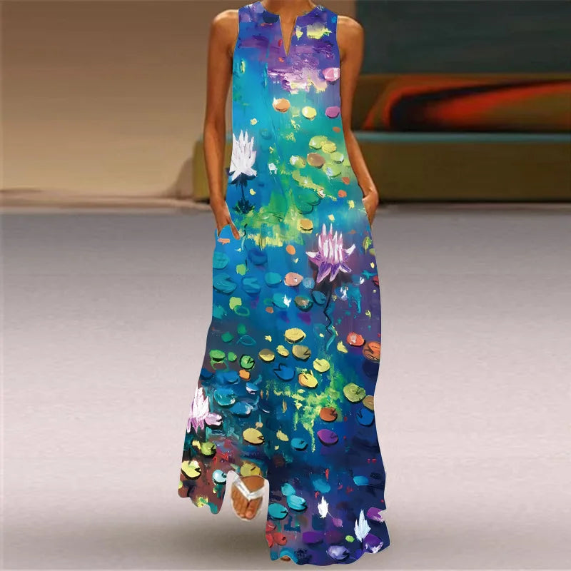 Vintage Print Maxi Dress For Women Summer Loose Sleeveless Long Dresses Elegant Lady V Neck Pocket Boho Beach Sundress Vestidos