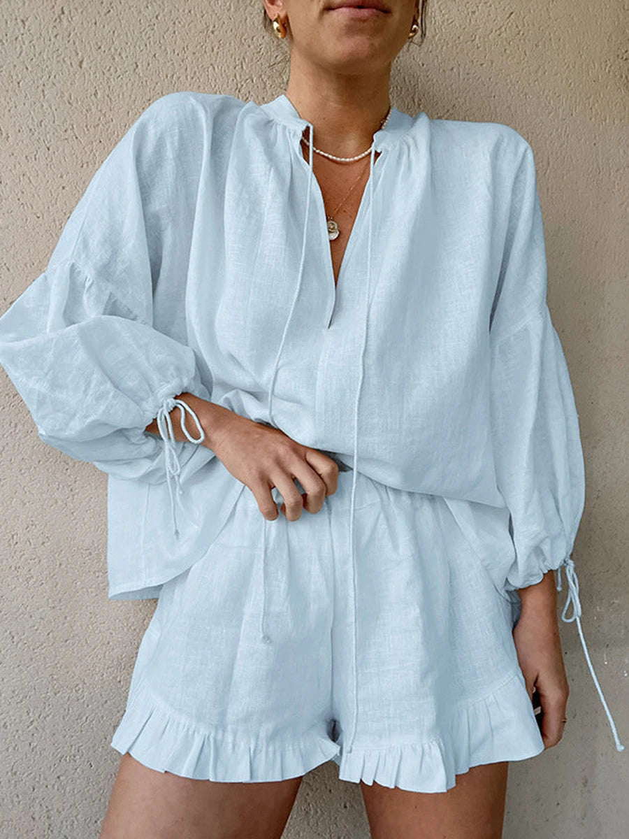 Casual Women s Summer Outfit Stylish Long Sleeve V-Neck Top with Tie-Up Detail and Elastic Waist Shorts Set for a Chic Look