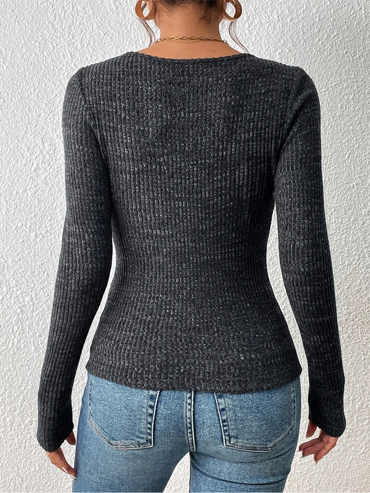 Square neck women's knitwear Vintage basic solid knit top Casual slim-fit jumper sweater Simple chic jumper