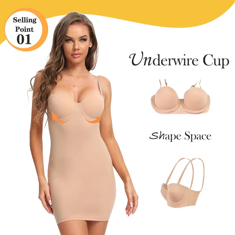 Slimming Full Length Shapewear Slips Straight Tube Dress Body Shaper Women Under Dresses Underwire Cup