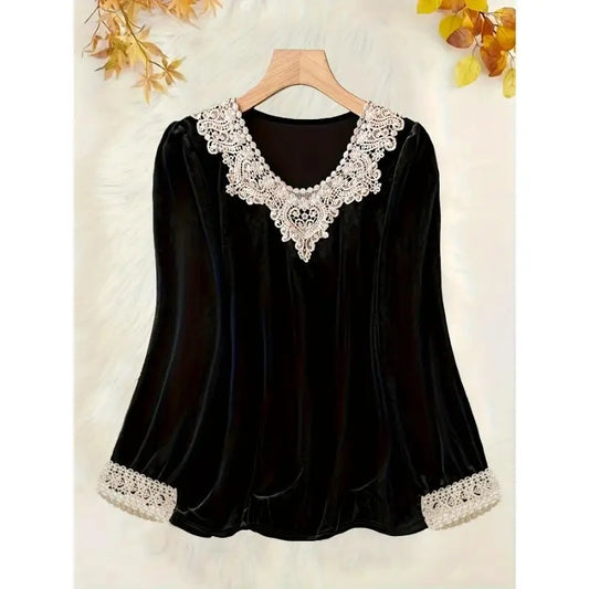 Contrast Lace Crew Neck Top  Casual Long Sleeve Top for Spring & Fall  Women's Plus Size Clothing