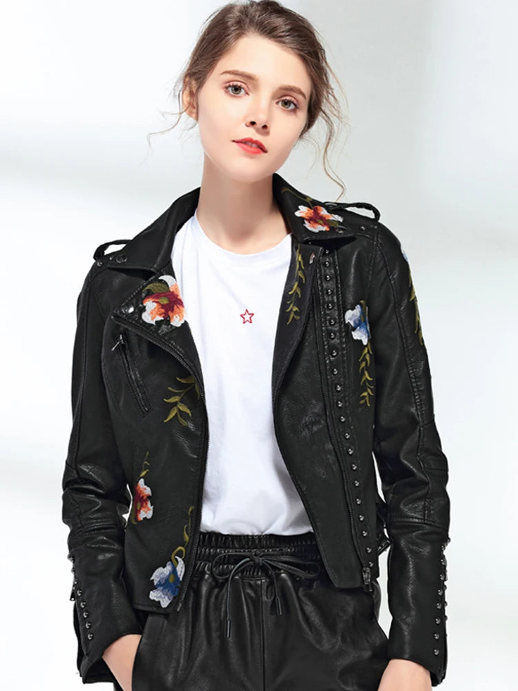 Floral Print Embroidery Faux Soft Leather Jacket Turn-down Collar Casual Pu