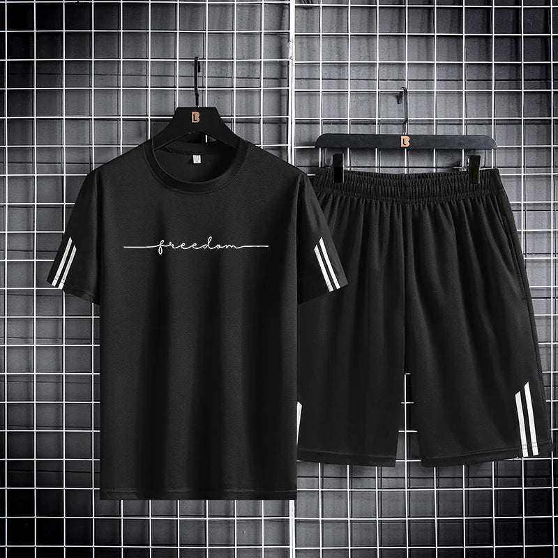 【 M-5XL 】 Summer men's set quick drying breathable mesh short sleeved T-shirt and shorts two-piece running sports set