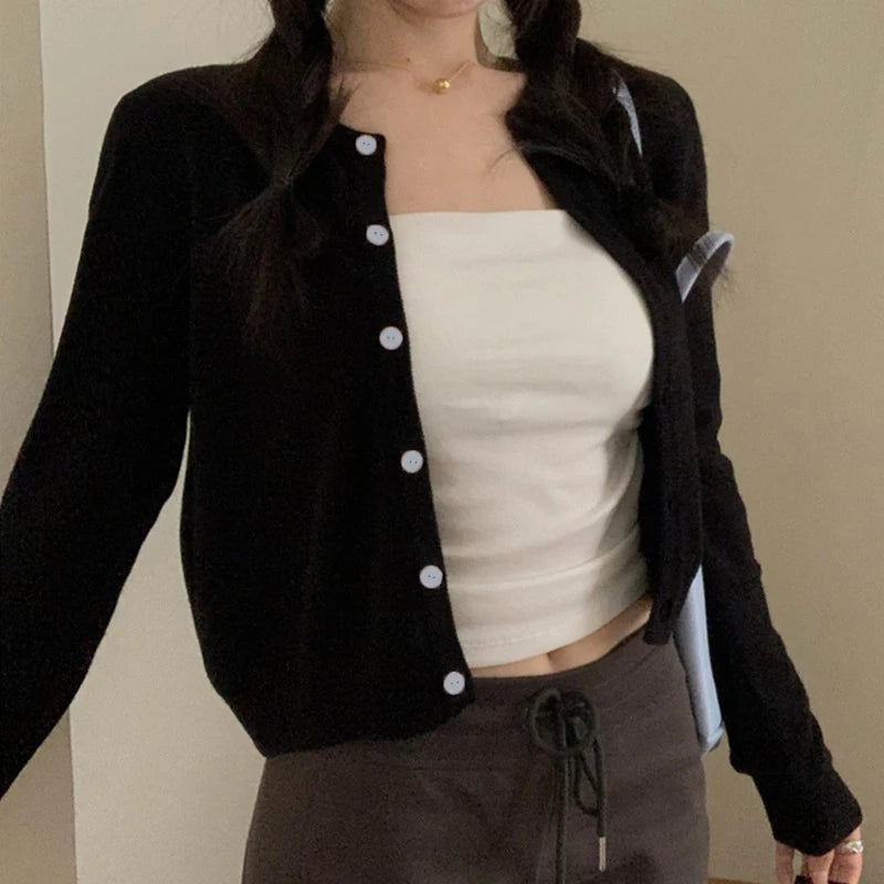 Cardigan Knit Early Autumn Women Clothes Outdoor Crop Sweater Outerwear Long Sleeve Top