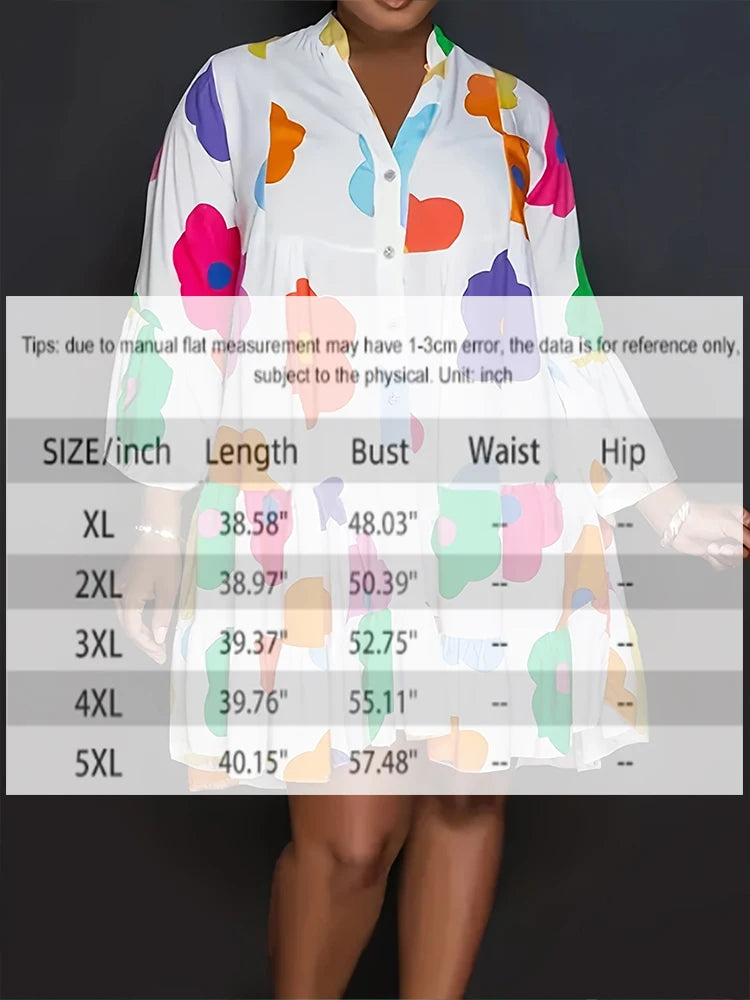 Plus Size Floral Printed Women's Dresses Casual Loose Button Fashion Streetwear Polyester V-Neck Pleated Dresses