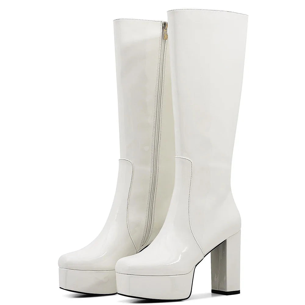 Round Toe Chunky Heel Platform  Knee High Boots  Stylish Comfortable Side Zipper