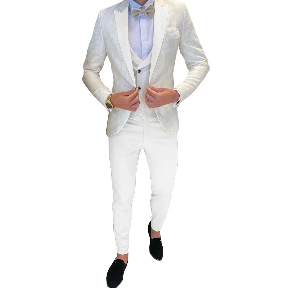 Ivory Men's Wedding Groom Suit 3 Piece Jacket Pants Vest Formal Tuxedo Elegant Men's Custom Suit  Bow tie not Included