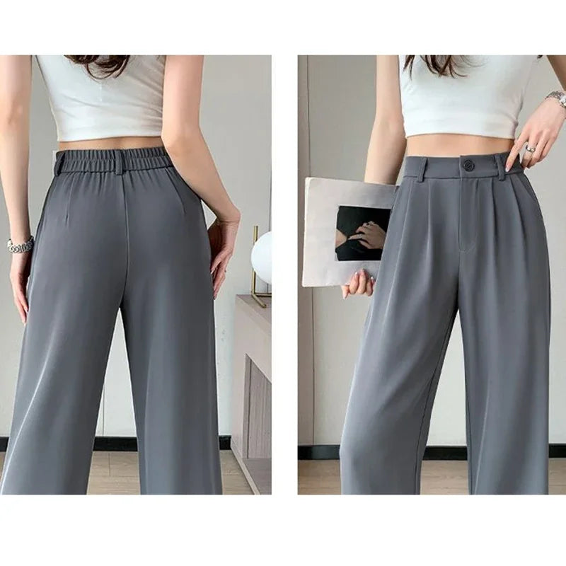 Women Full Length Pants Baggy High Waist Wide Leg Solid Color Trousers Lady Straight Leg  Classic Office  Slacks