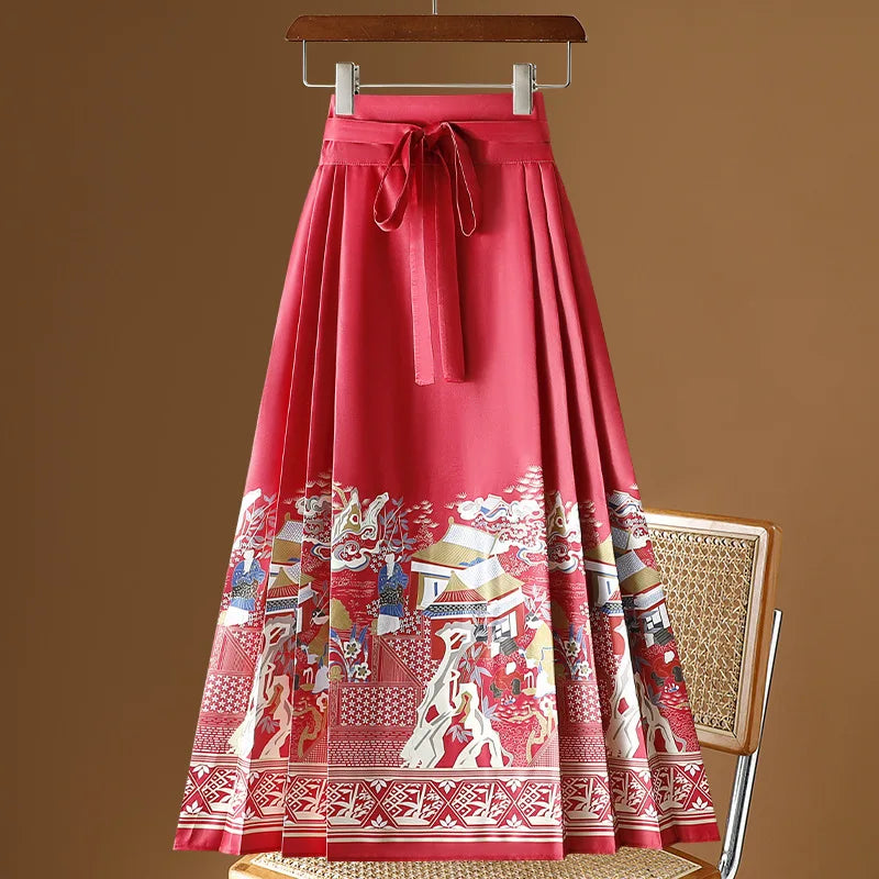 Vintage Maxi Chinese Style Horse Face Skirts  Pleated