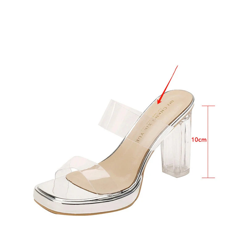 Summer Sexy Shoes Sheepskin Transparent High Heels Sandals for Outdoor Crystal Thick Heels