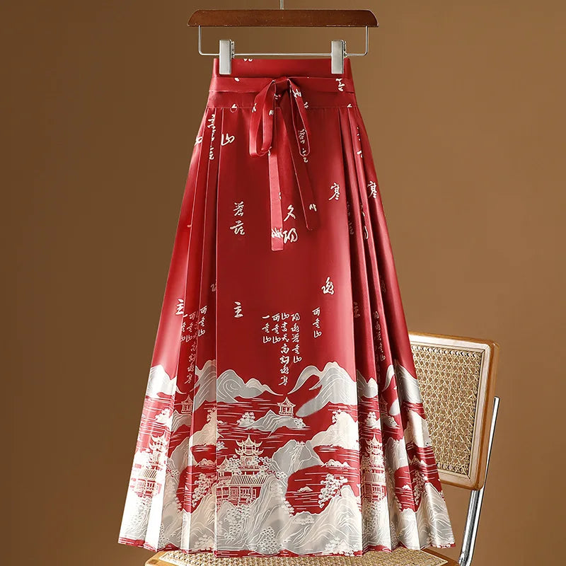 Vintage Maxi Chinese Style Horse Face Skirts  Pleated