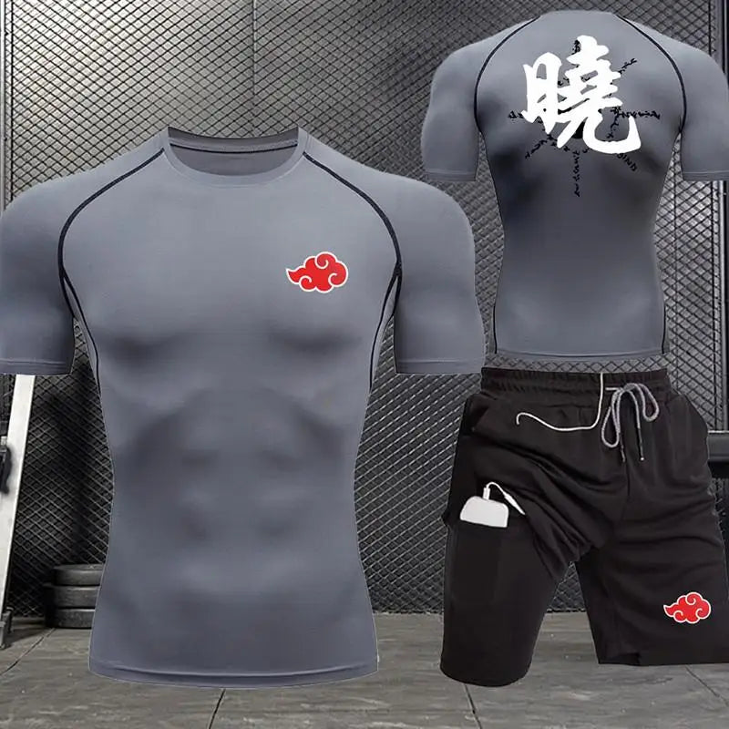 Jogging Breathable Compression Sportswear Summer Men's Training Two-piece Tight T-shirt Fitness Shorts Gym Workout Set S-3xl