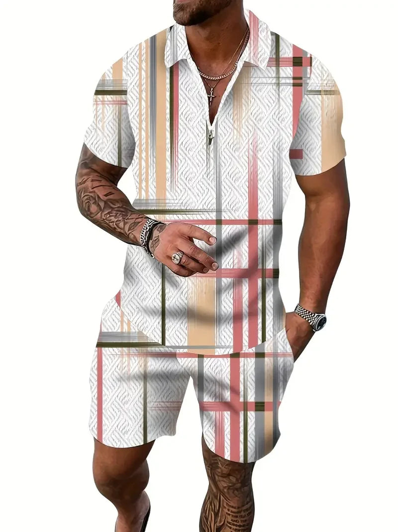 Zipper POLO Shirt Shorts Set Summer Fashion Casual Men's Sports Set 3D Printed Simple Style Lapel Zipper POLO Shirt 2 Sets