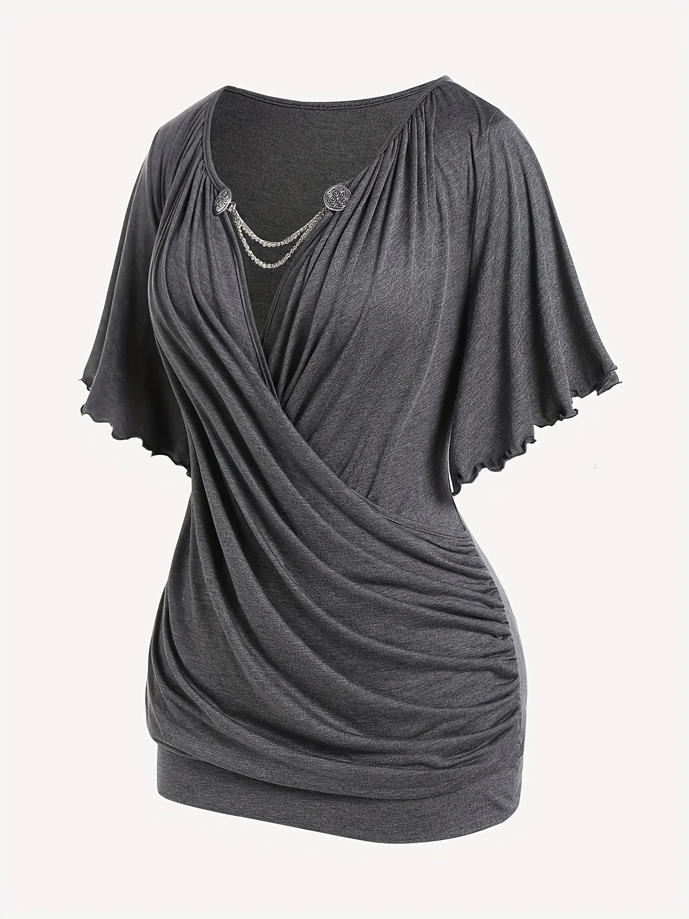 European and American hit fashion women's pleated chain embellished V-neck plus-size T-shirt top